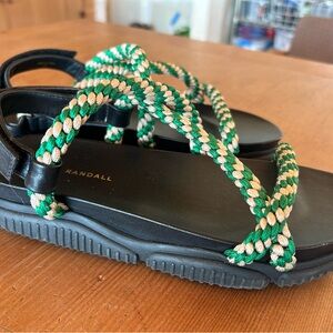 Loeffler Randall Black Sandals with Green and Cream Braided Straps